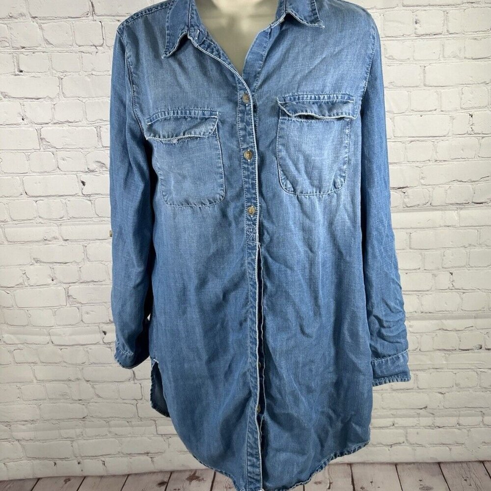 Chico’s Light Wash Button Up Roll Tab Long Sleeve Tunic Lyocell Women’s XS